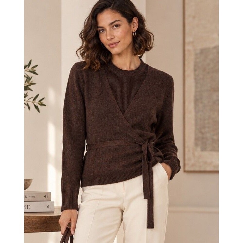 Joie Women Faux Layered Wrap Sweater M Brown Cashmere Wool Blend Tie Waist Soft